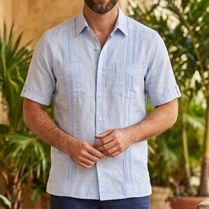 Cubavera Linen Button Up Light Blue Shirt Cross Hatch detail Size Large